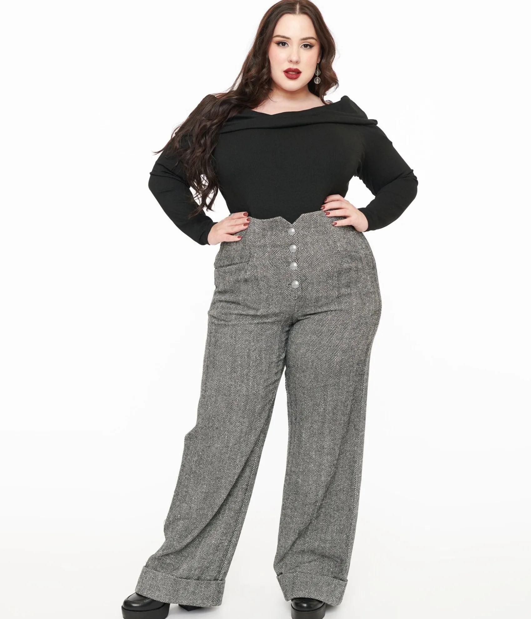 Unique Vintage Plus Size 1940s Grey Herringbone Buttoned Wide Leg Trousers