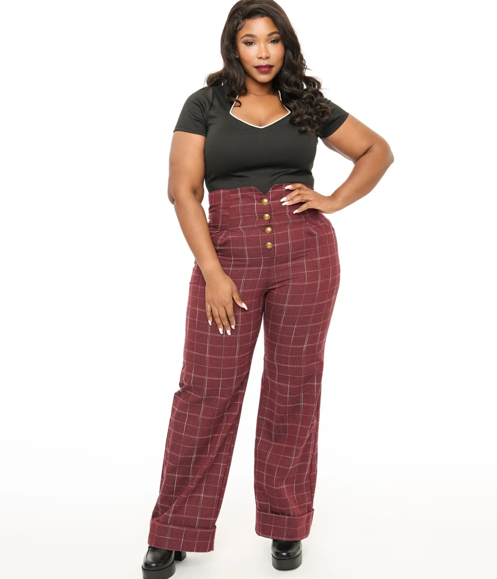 Unique Vintage Plus Size 1940s Burgundy Windowpane Buttoned Wide Leg Trousers