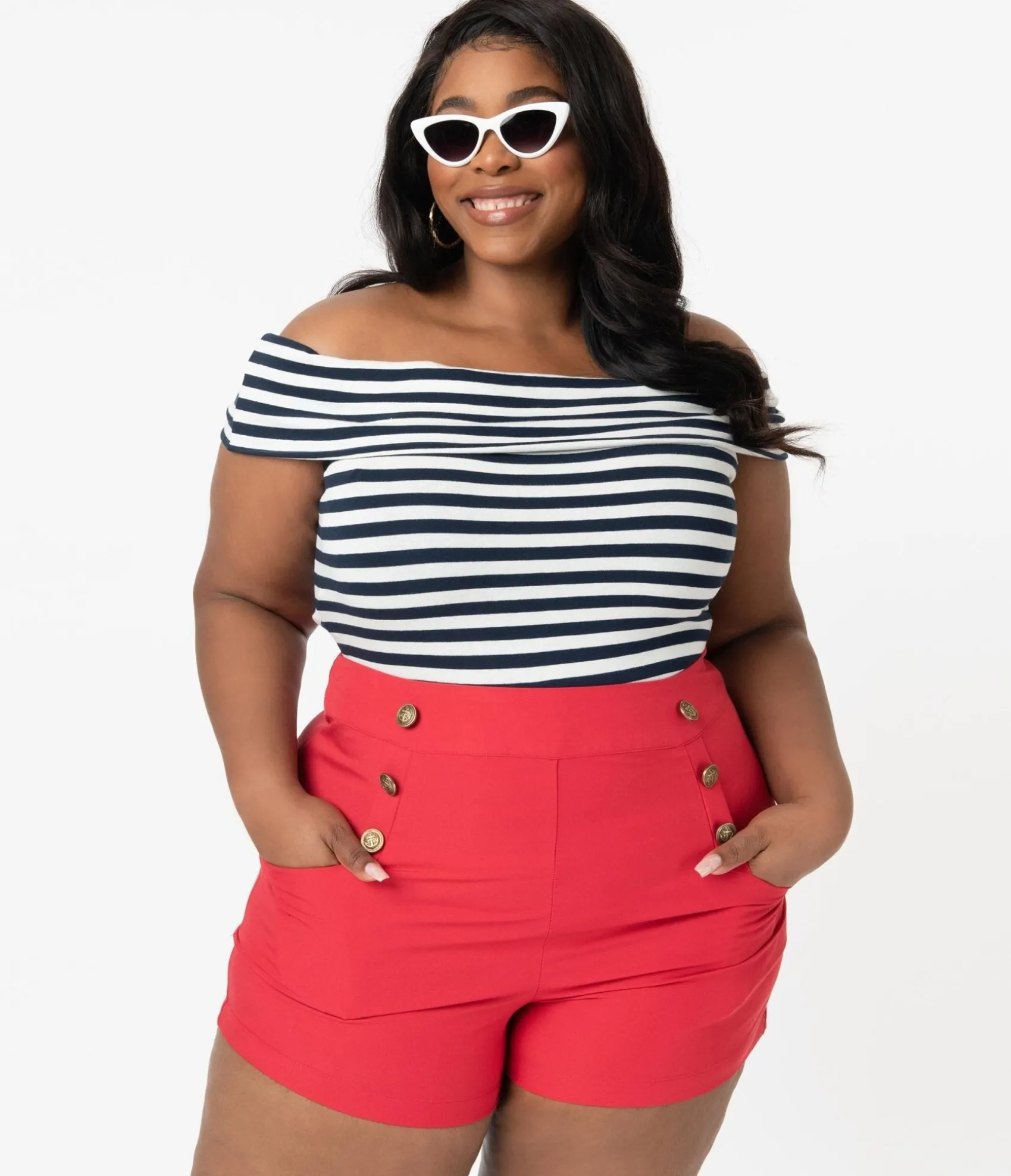 Unique Vintage Plus Size 1940s Style Red High Waist Sailor Debbie Shorts