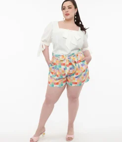 Unique Vintage Plus Size 1940s Rainbow Pastel Check Cotton High Waist Shorts