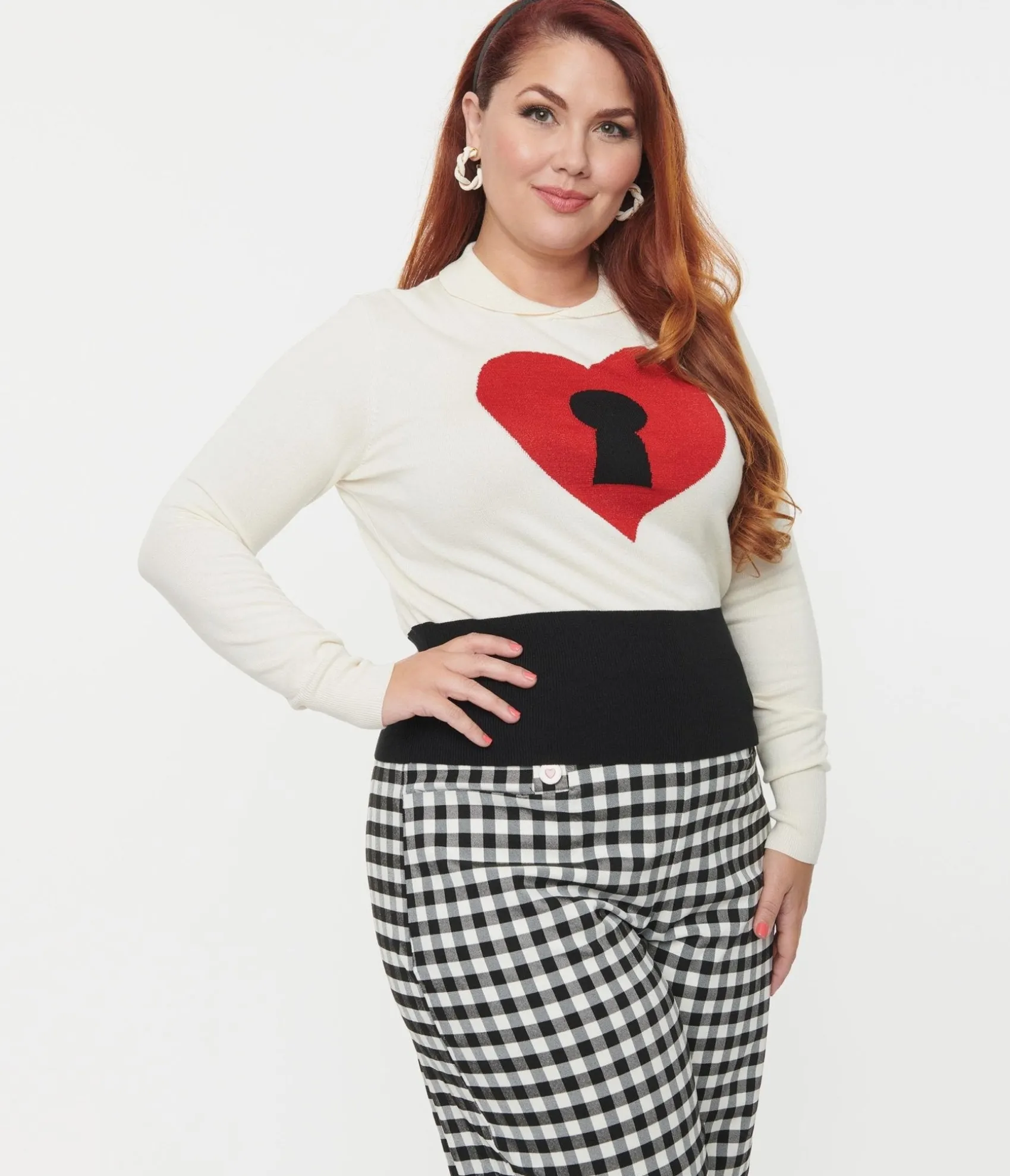 Unique Vintage Plus Size Cream & Red Locked Heart Sweater