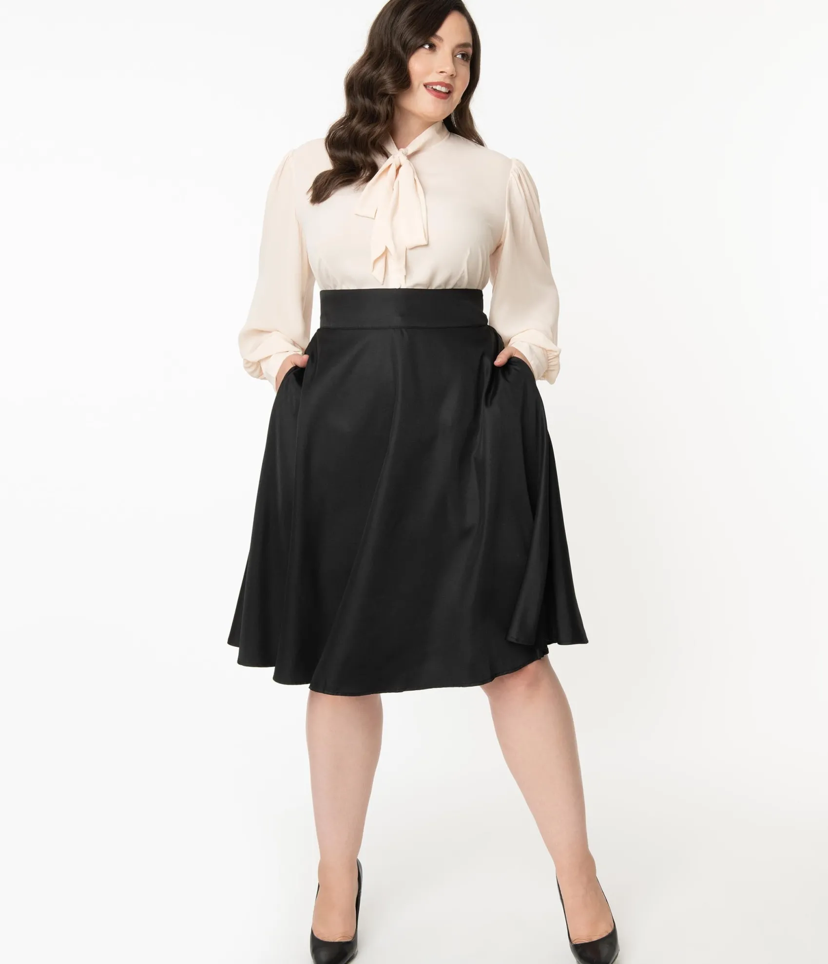Unique Vintage Plus Size Retro Style Black High Waist Vivien Swing Skirt