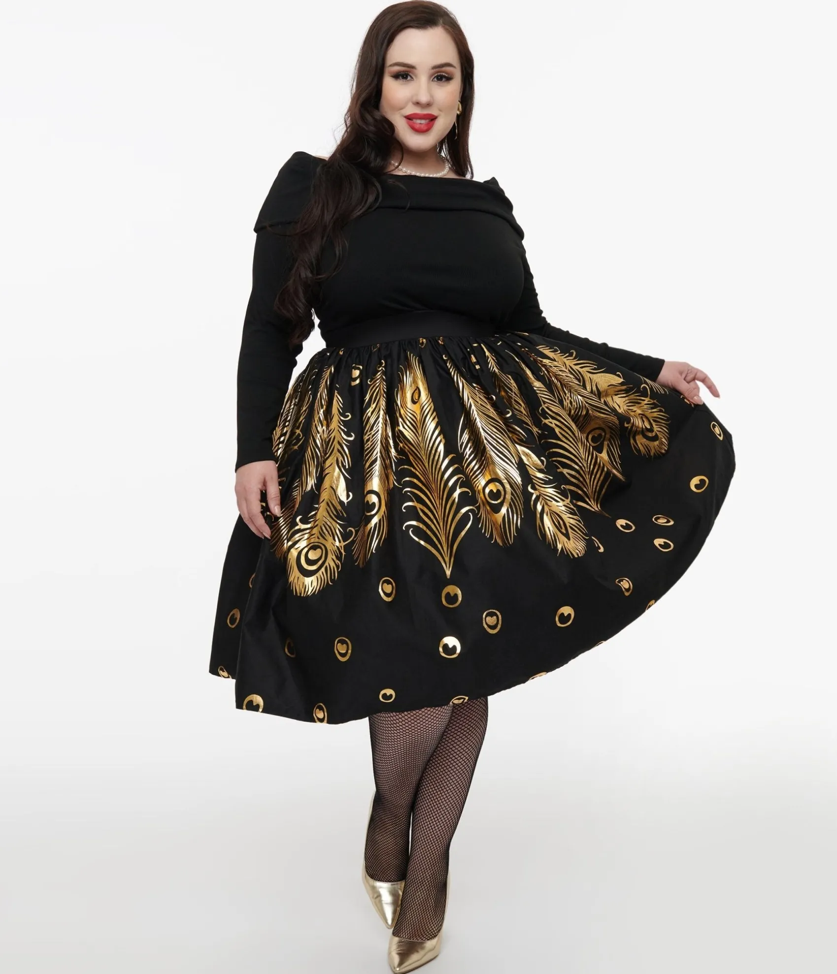 Unique Vintage Plus Size 1950s Black & Gold Foil Feather Gellar Swing Skirt