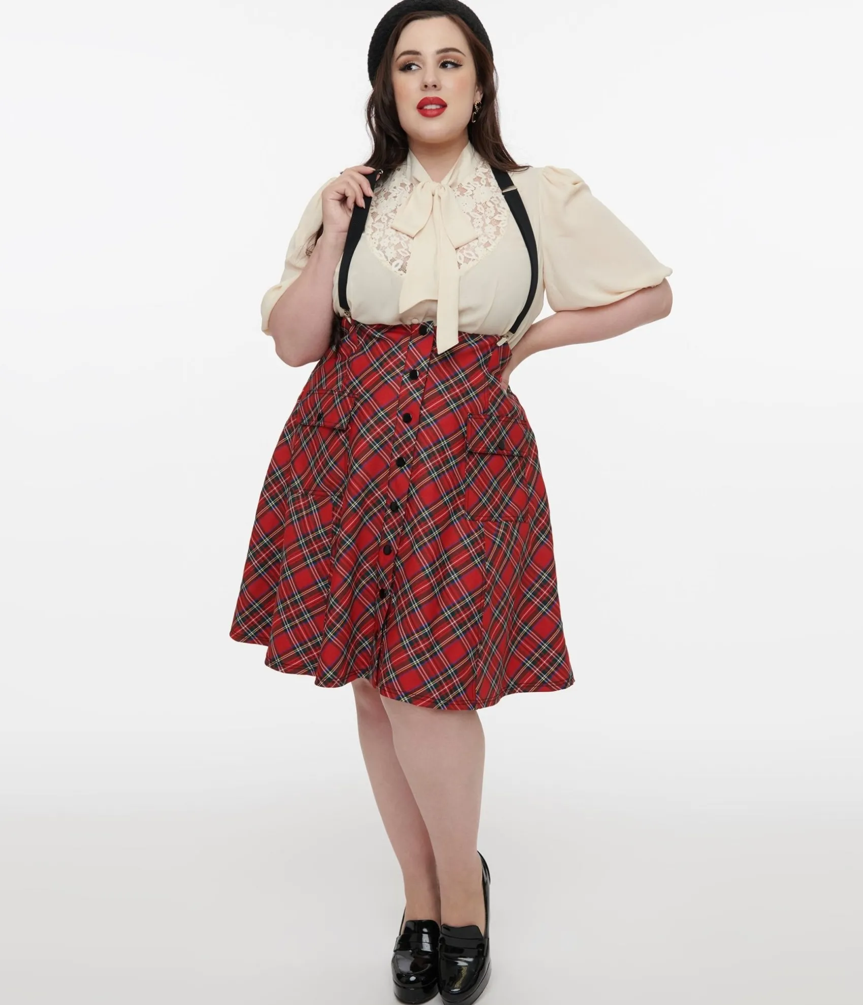 Unique Vintage Plus Size 1950s Red Bias Plaid Suspender Flare Skirt