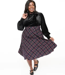 Unique Vintage Plus Size 1950s Navy & Green Plaid High Waist Vivien Swing Skirt