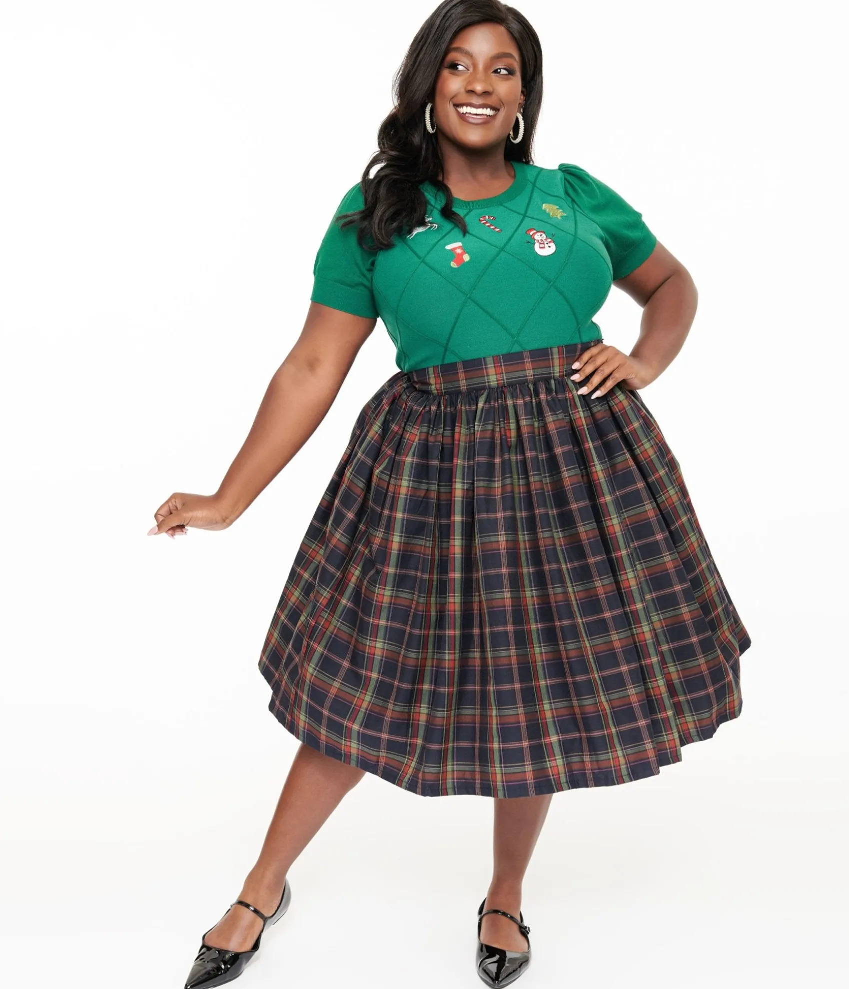 Unique Vintage Plus Size 1950s Black Plaid Gellar Swing Skirt