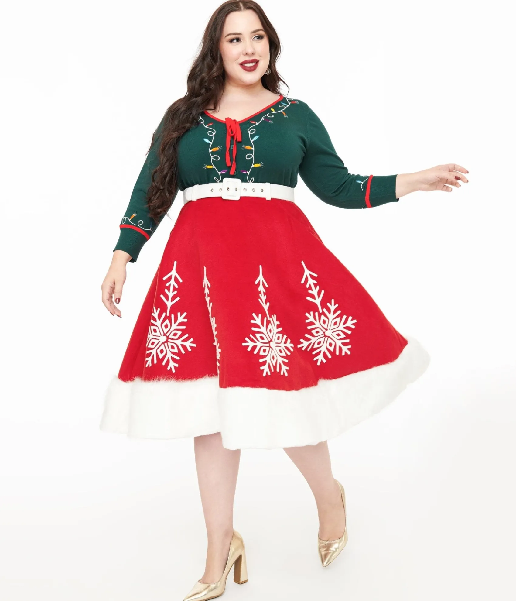 Unique Vintage Plus Size 1950s Red Felt & White Fur Snowflake Soda Shop Swing Skirt