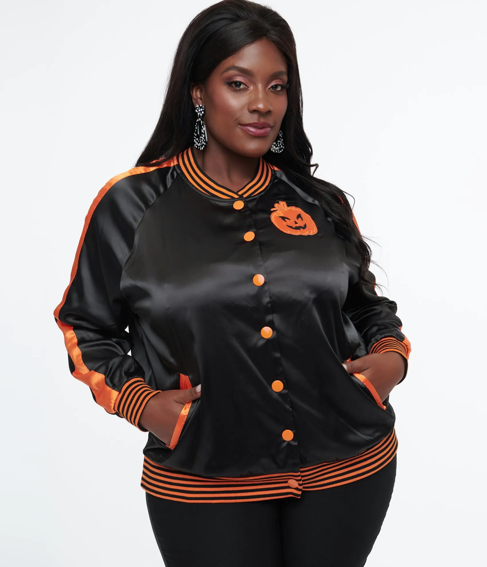 Unique Vintage Plus Size Black & Orange Scream Queen Satin Bomber Jacket