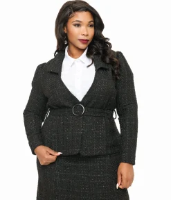 Unique Vintage Plus Size 1940s Black Lurex Tweed Belted Jacket