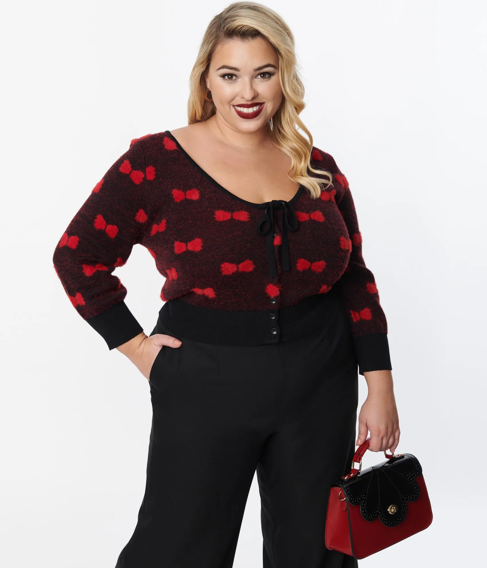 Unique Vintage Plus Size Black & Red Bows Dandy Cardigan