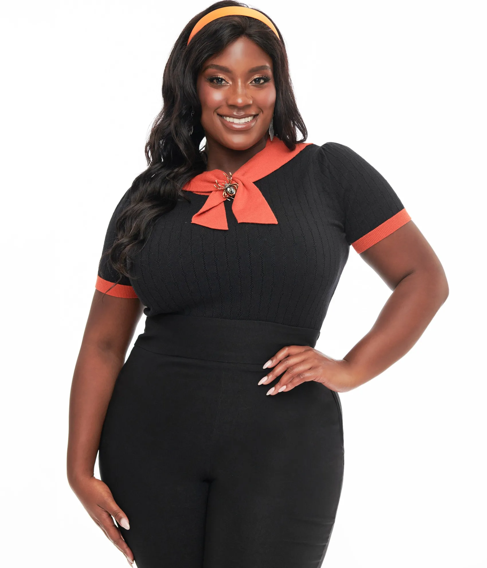 Unique Vintage Plus Size Black & Orange Spider Brooch Neck Tie Park City Sweater