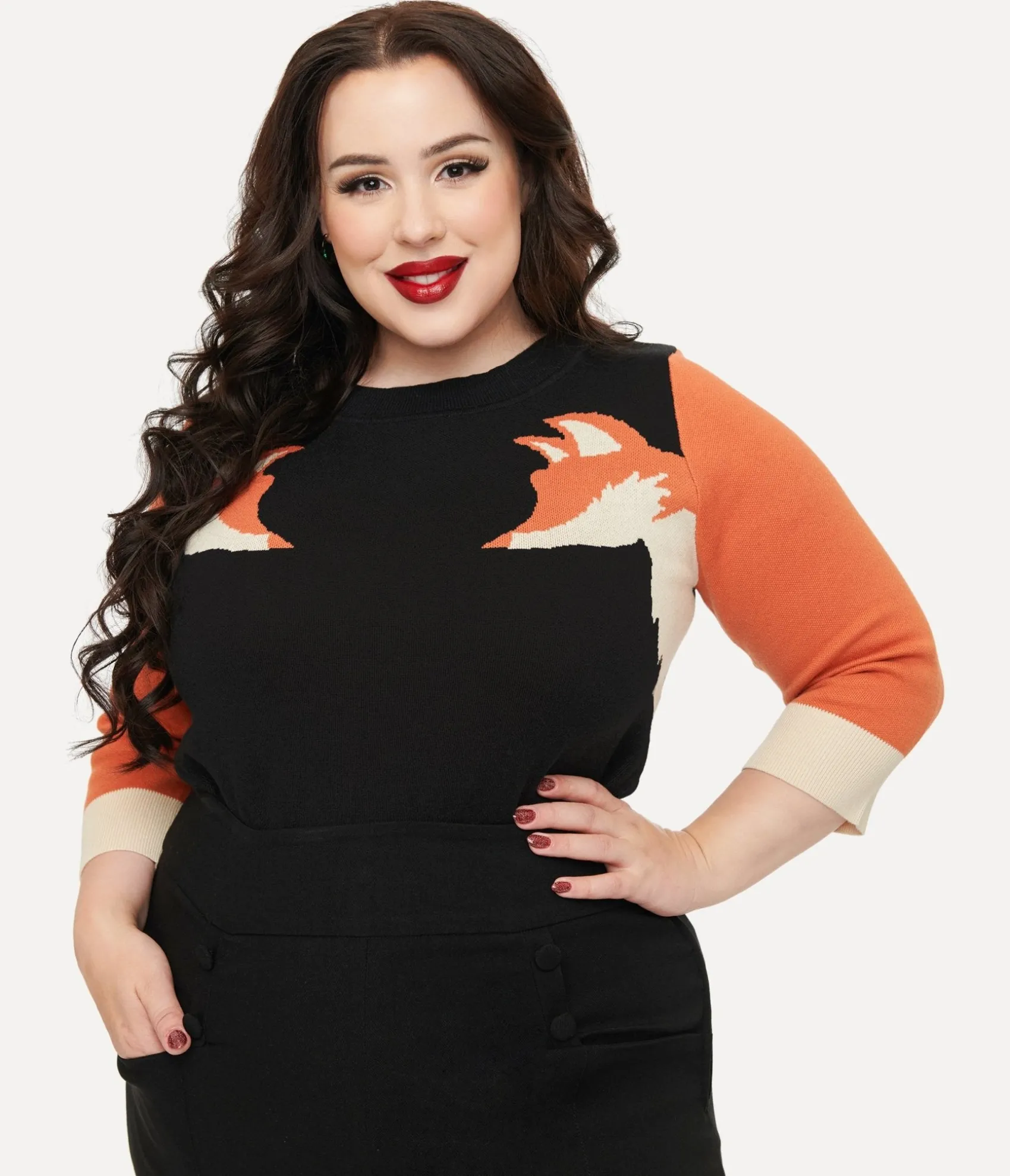 Unique Vintage Plus Size Black & Orange Fox Sleeve Minou Sweater