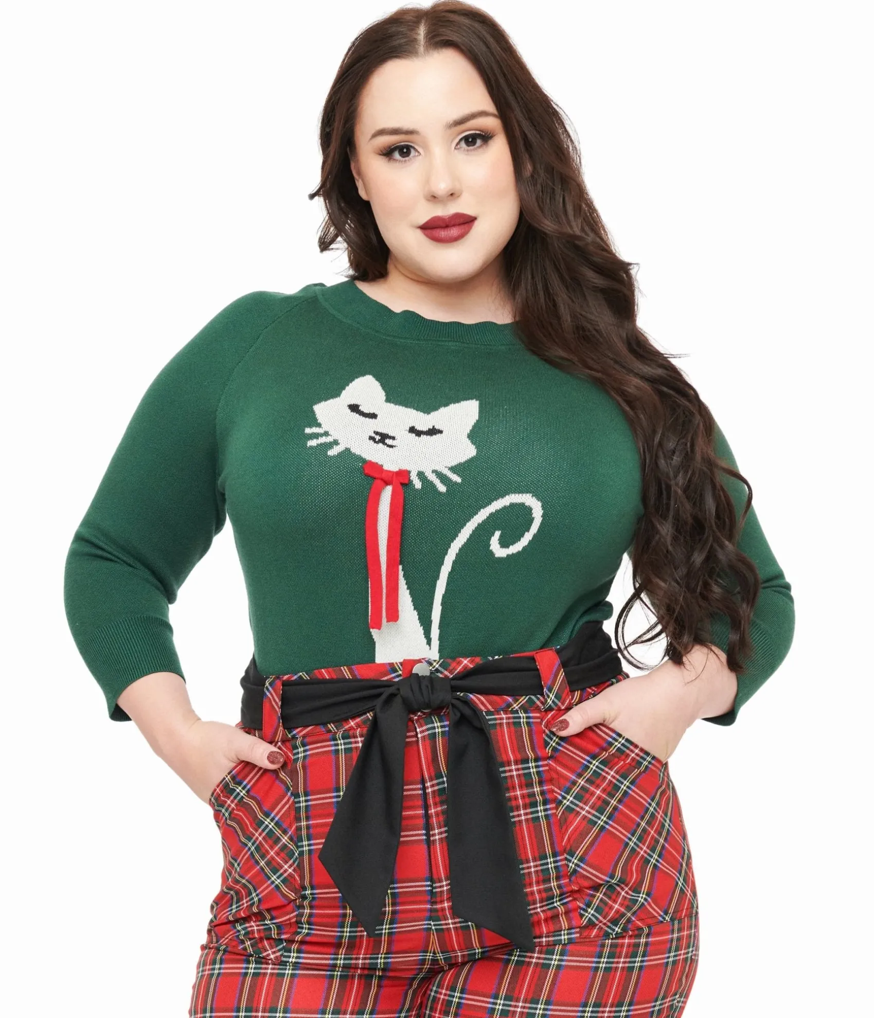 Unique Vintage Plus Size 1960s Forest Green & Cream Cat Lorelai Sweater
