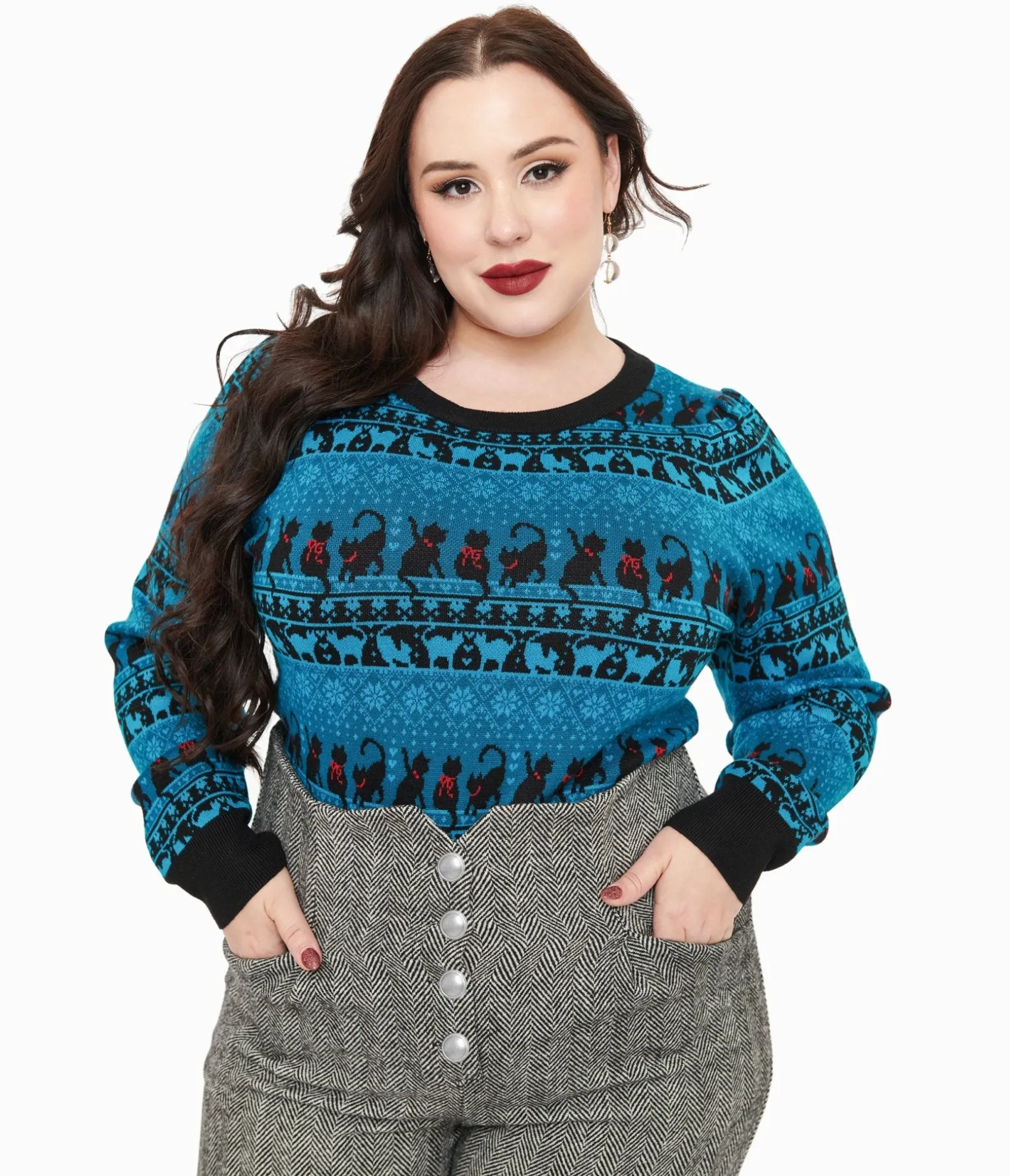 Unique Vintage Plus Size 1950s Teal Snowflakes & Cats Sweater
