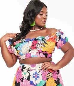 Unique Vintage Plus Size 1970s Black & Pink Floral Off Ruffle Up Crop Top