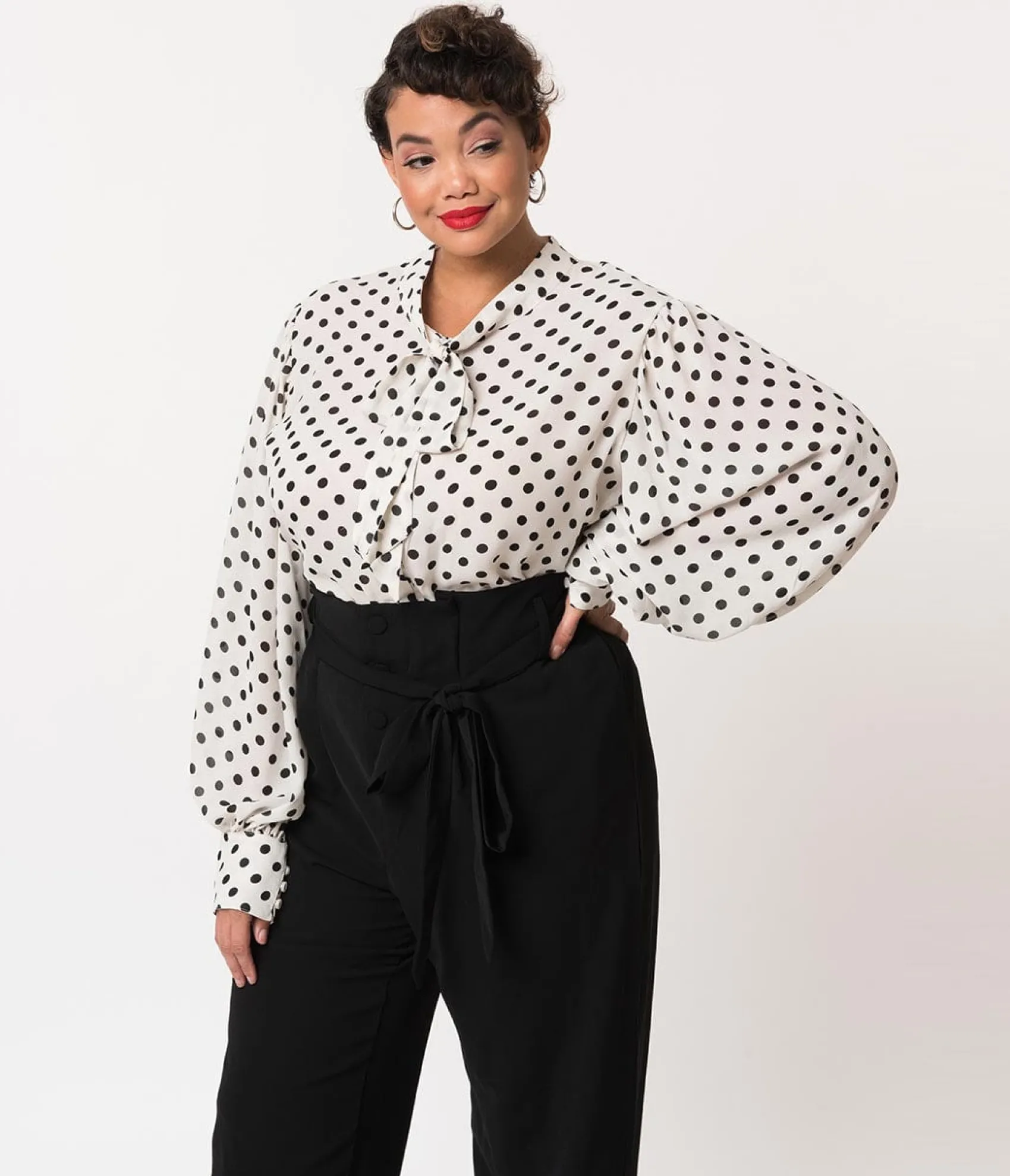 Unique Vintage Plus Size White & Black Polka Dot Neck Tie Gwen Blouse