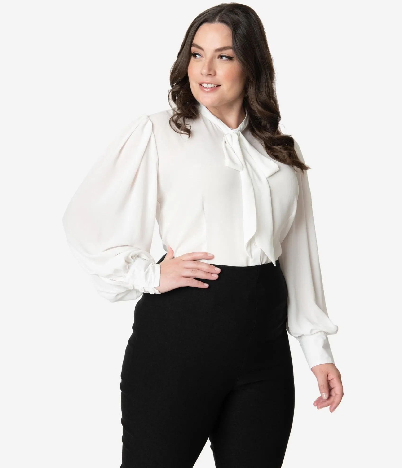 Unique Vintage Plus Size 1940s White Neck Tie Gwen Blouse