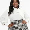 Unique Vintage Plus Size 1940s White Clip Dot Long Sleeve Bow Blouse