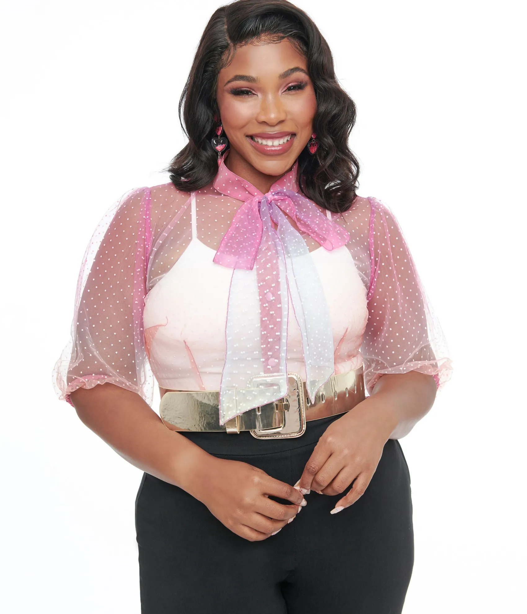 Unique Vintage Plus Size 1940s Sheer Rainbow Clip Dot Tie Neck Gwen Blouse