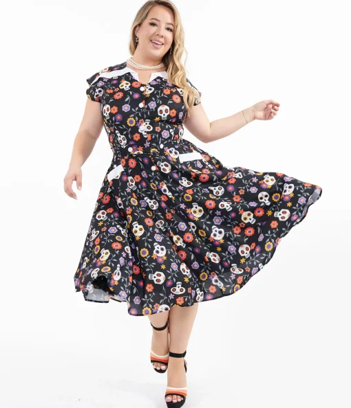 Unique Vintage Plus Size Sugar Skulls Hedda Swing Dress