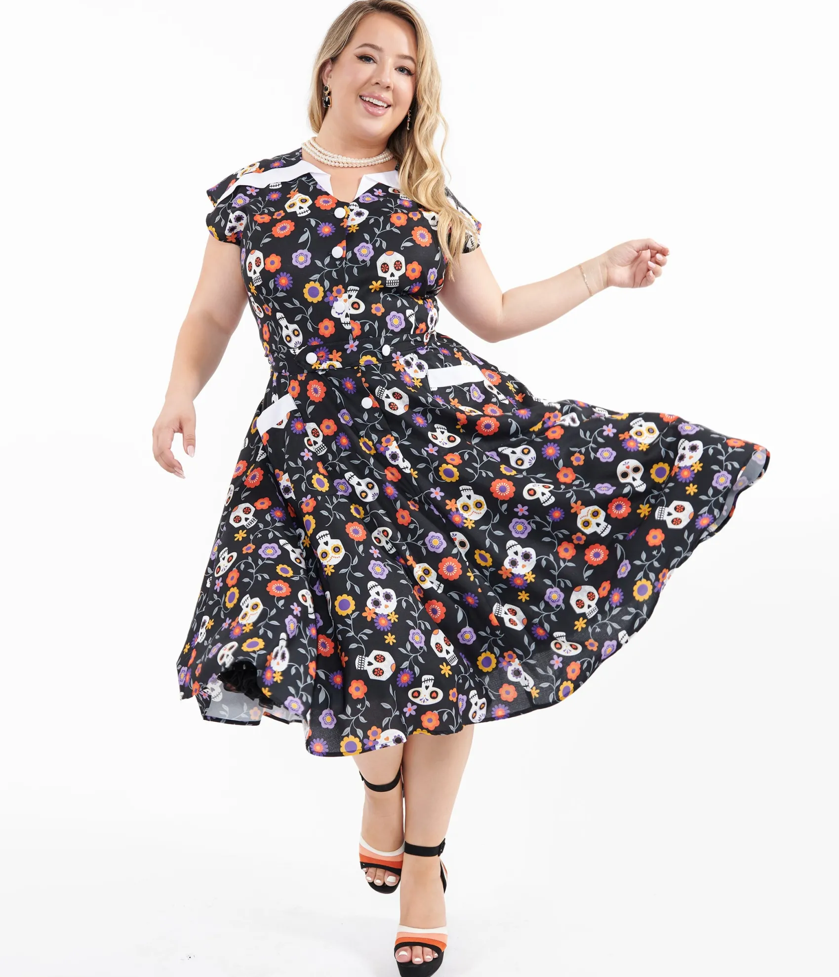 Unique Vintage Plus Size Sugar Skulls Hedda Swing Dress