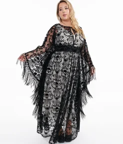 Unique Vintage Plus Size 1960s Black Baroque Skull Burnout Fringe Flutter Sleeve Caftan