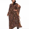 Unique Vintage Plus Size 1960s Black & Nude Floral Fringe Flutter Sleeve Caftan