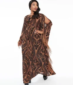 Unique Vintage Plus Size 1960s Black & Nude Floral Fringe Flutter Sleeve Caftan