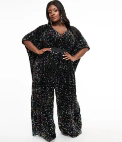 Unique Vintage Plus Size 1970s Black Iridescent Sequin Caftan Jumpsuit