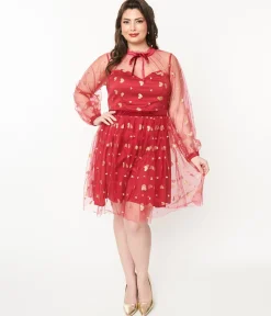 Unique Vintage Plus Size Red & Gold Glitter Heart Flare Dress