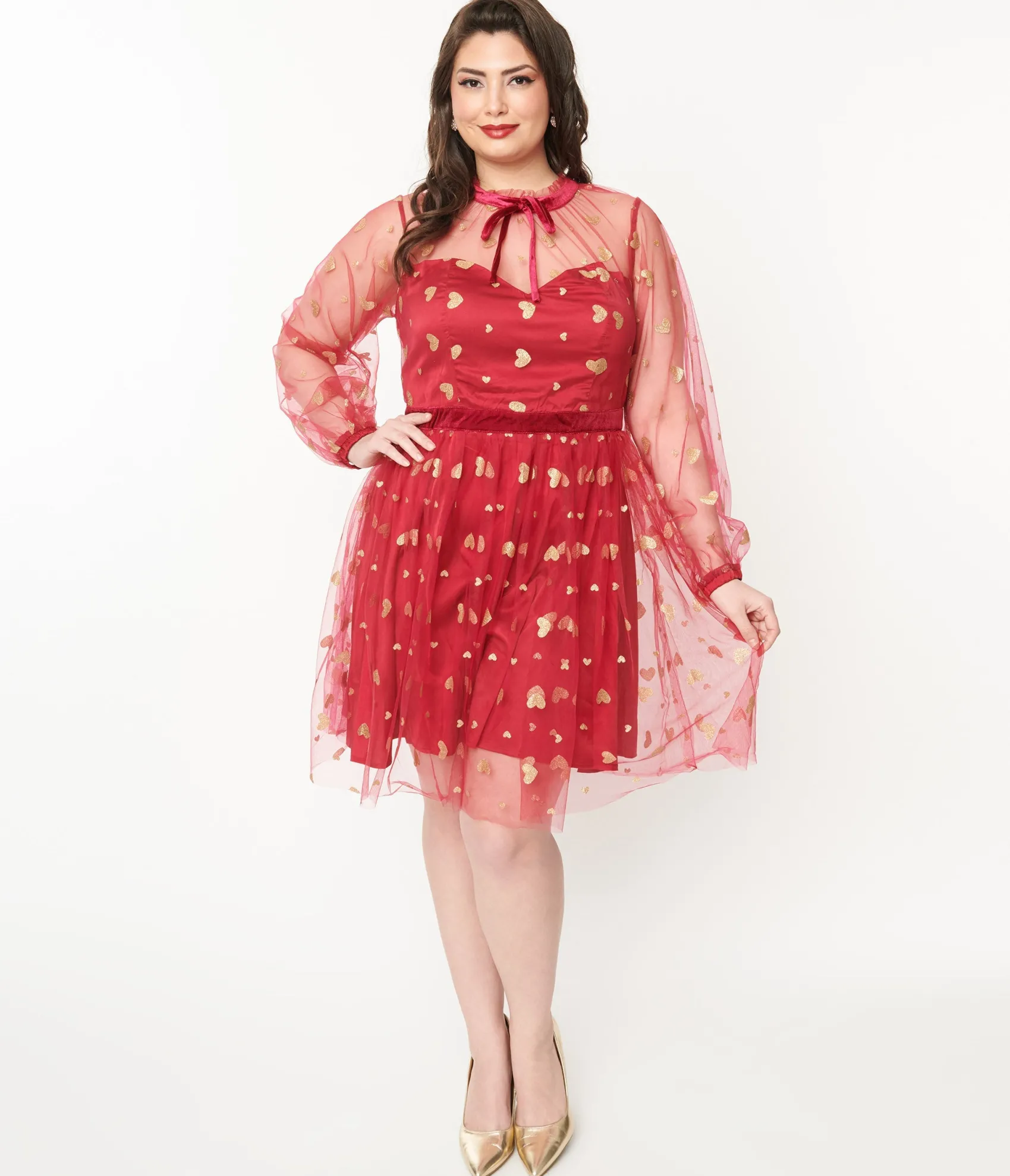 Unique Vintage Plus Size Red & Gold Glitter Heart Flare Dress