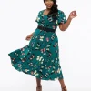 Unique Vintage Plus Size 1940s Green Butterfly Print Midi Dress