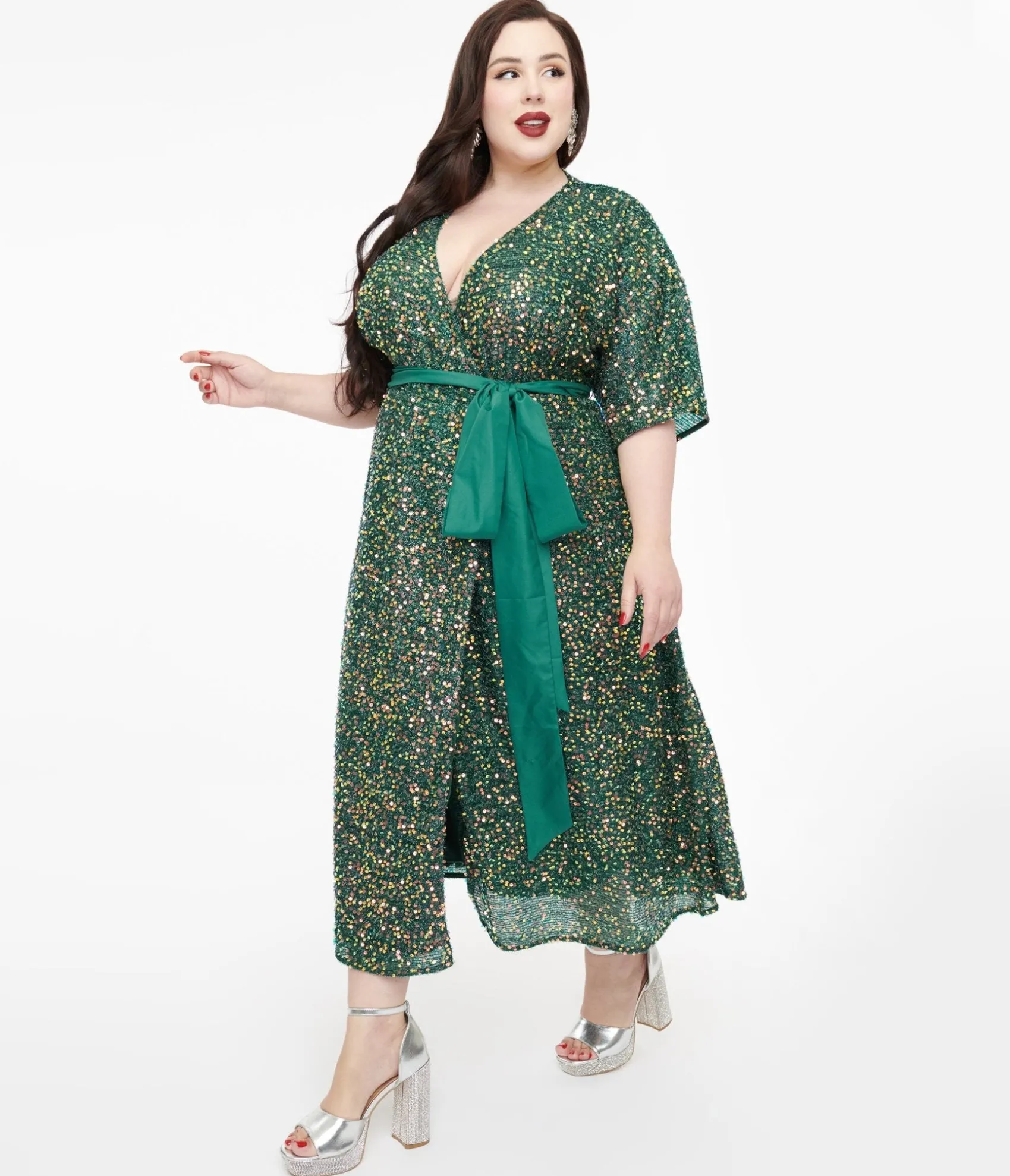 Unique Vintage Plus Size 1960s Green Sequin Wrap Midi Dress
