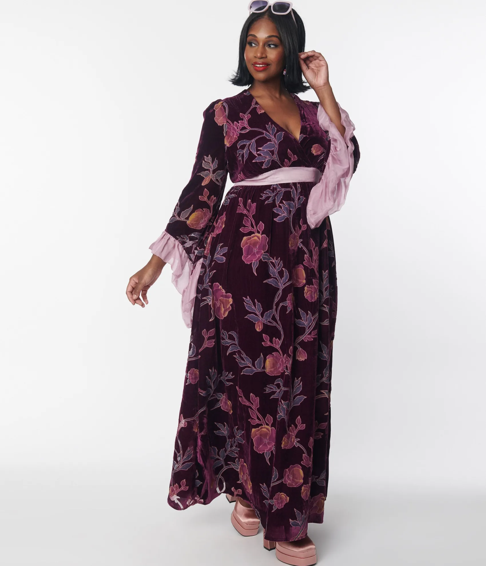Unique Vintage Plus Size 1970s Purple Floral Burnout Velvet Maxi Dress