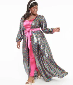 Unique Vintage Plus Size Rainbow Sequins Hollywood Duster