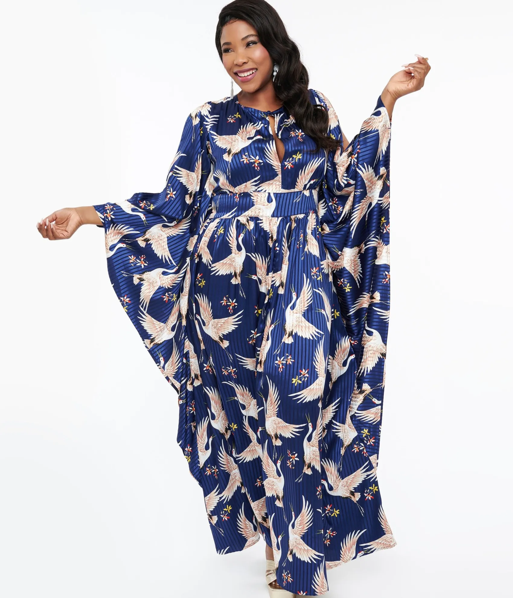 Unique Vintage Plus Size 1960s Navy Crane Flutter Sleeve Caftan