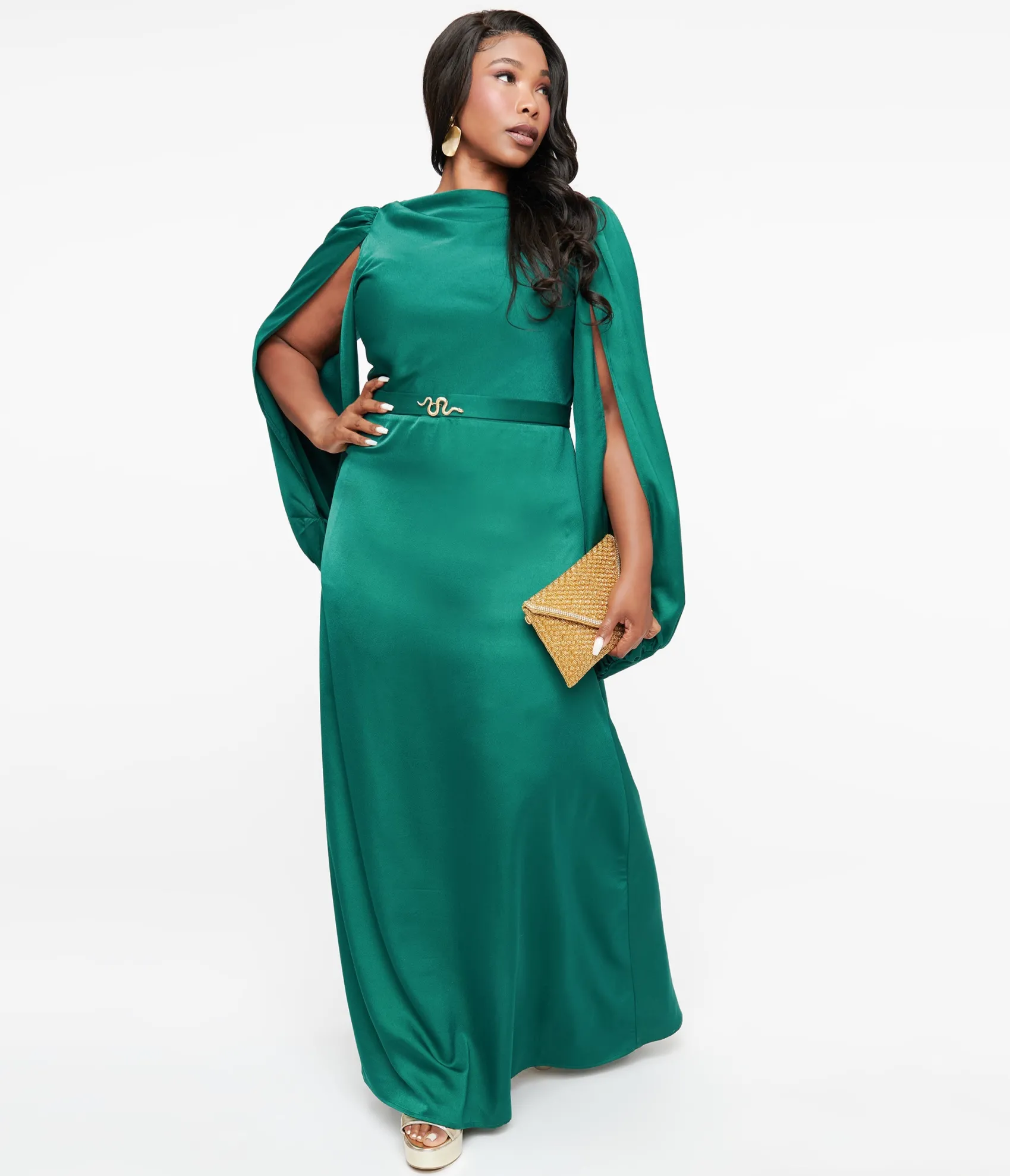 Unique Vintage Plus Size 1920s Emerald Satin & Snake Pin Evening Gown