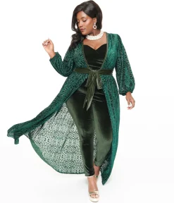 Unique Vintage Plus Size Green Velvet Burnout Hollywood Duster