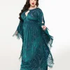 Unique Vintage Plus Size Emerald Floral Fringe Flutter Sleeve Caftan