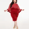 Unique Vintage Plus Size 1960s Red Velvet Ruffle Capelet Wiggle Dress