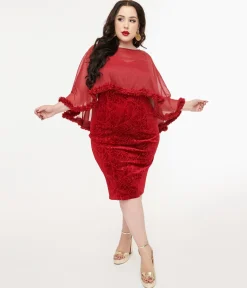 Unique Vintage Plus Size 1960s Red Velvet Ruffle Capelet Wiggle Dress