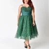 Unique Vintage Plus Size 1950s Emerald Green Ruffled Tulle Sweetheart Cupcake Swing Dress