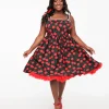 Unique Vintage Plus Size 1950s Black & Cherry Print Cotton Pinafore Swing Dress