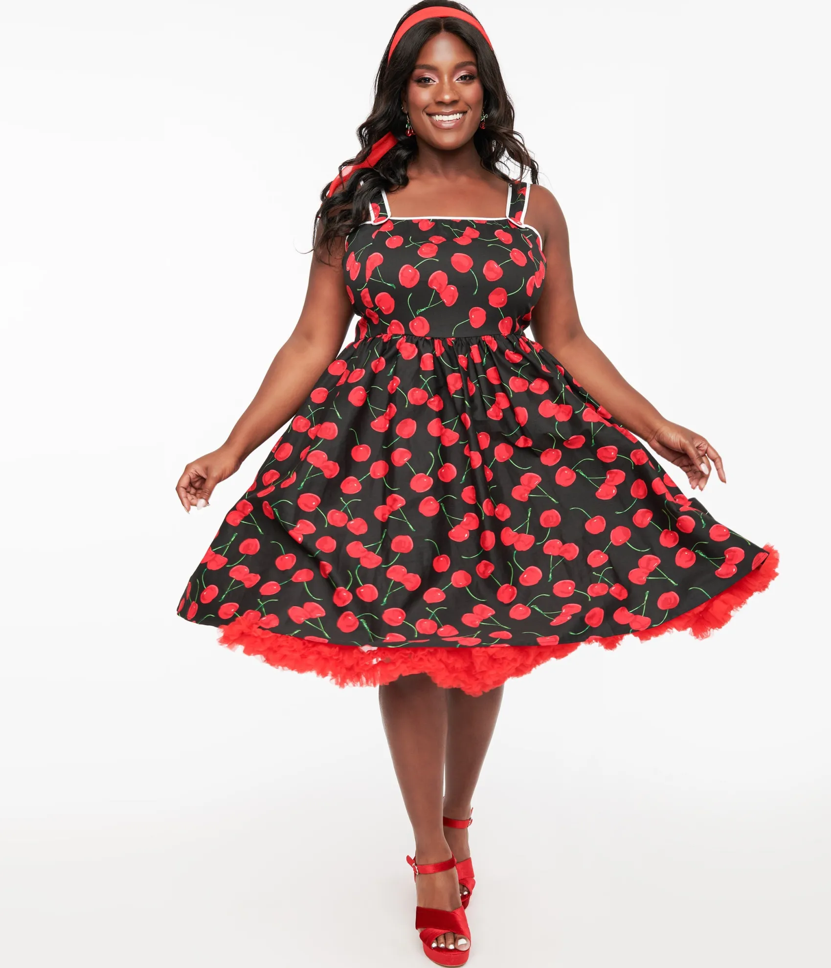 Unique Vintage Plus Size 1950s Black & Cherry Print Cotton Pinafore Swing Dress