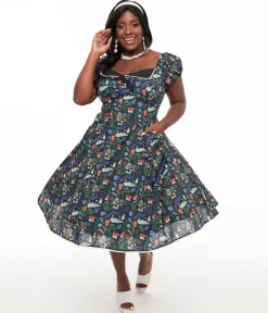 Unique Vintage Plus Size 1950s Black Spellbinding Print Swing Dress