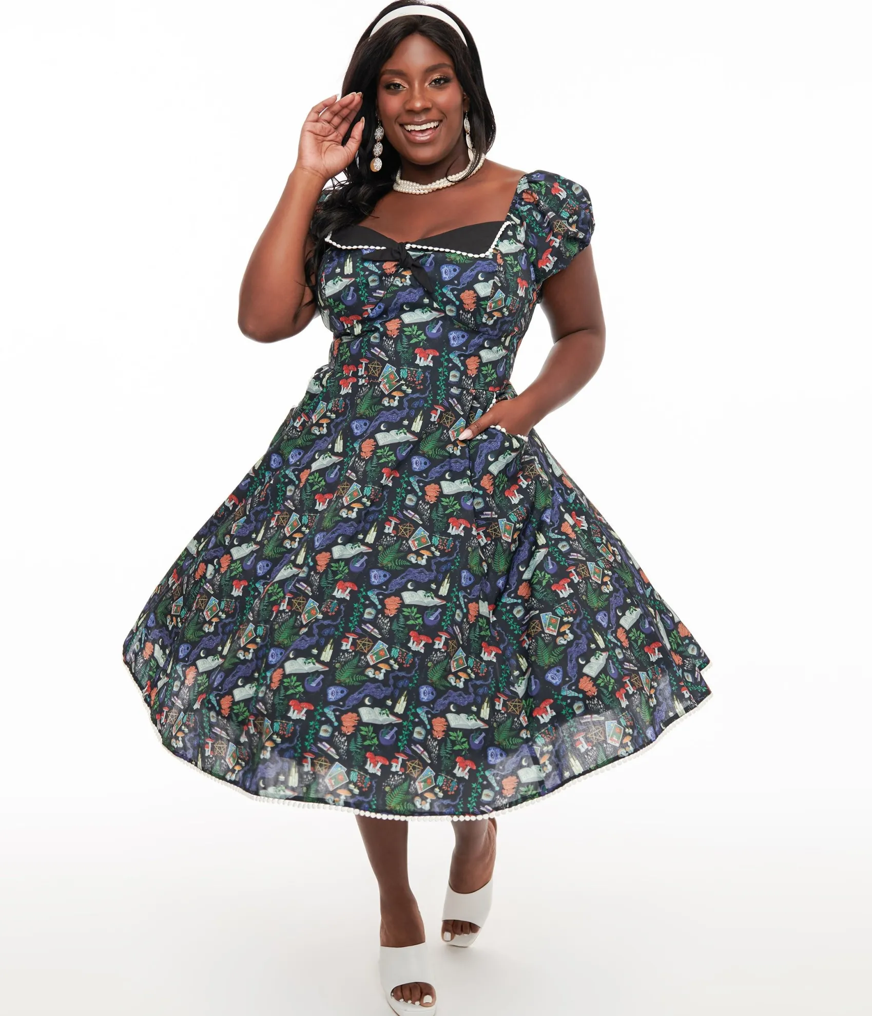 Unique Vintage Plus Size 1950s Black Spellbinding Print Swing Dress