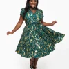 Unique Vintage Plus Size 1940s Green & Gold Peacock Print Dahlia Swing Dress
