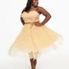 Unique Vintage Plus Size 1950s Gold Glitter Tulle Cupcake Swing Dress