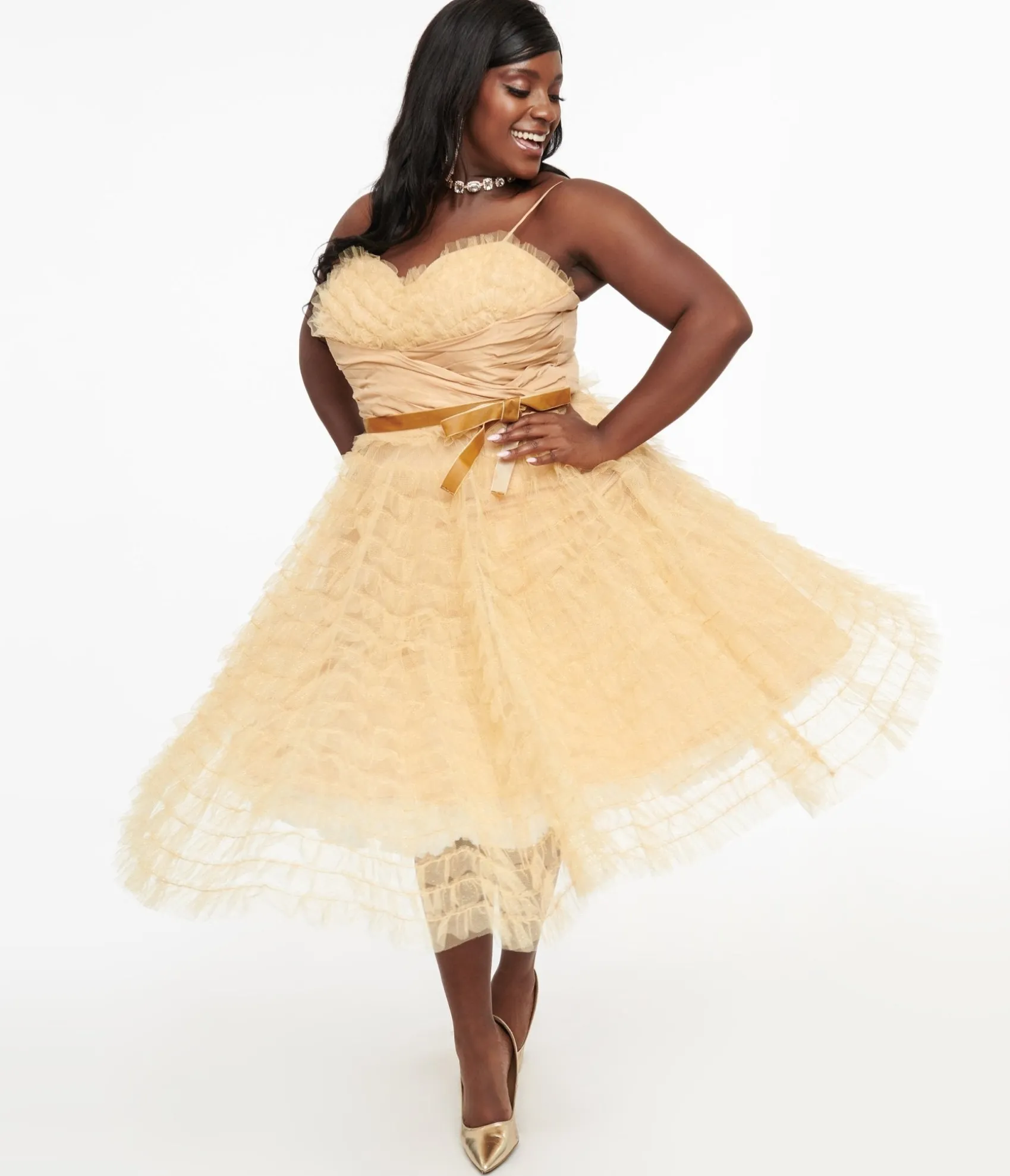 Unique Vintage Plus Size 1950s Gold Glitter Tulle Cupcake Swing Dress