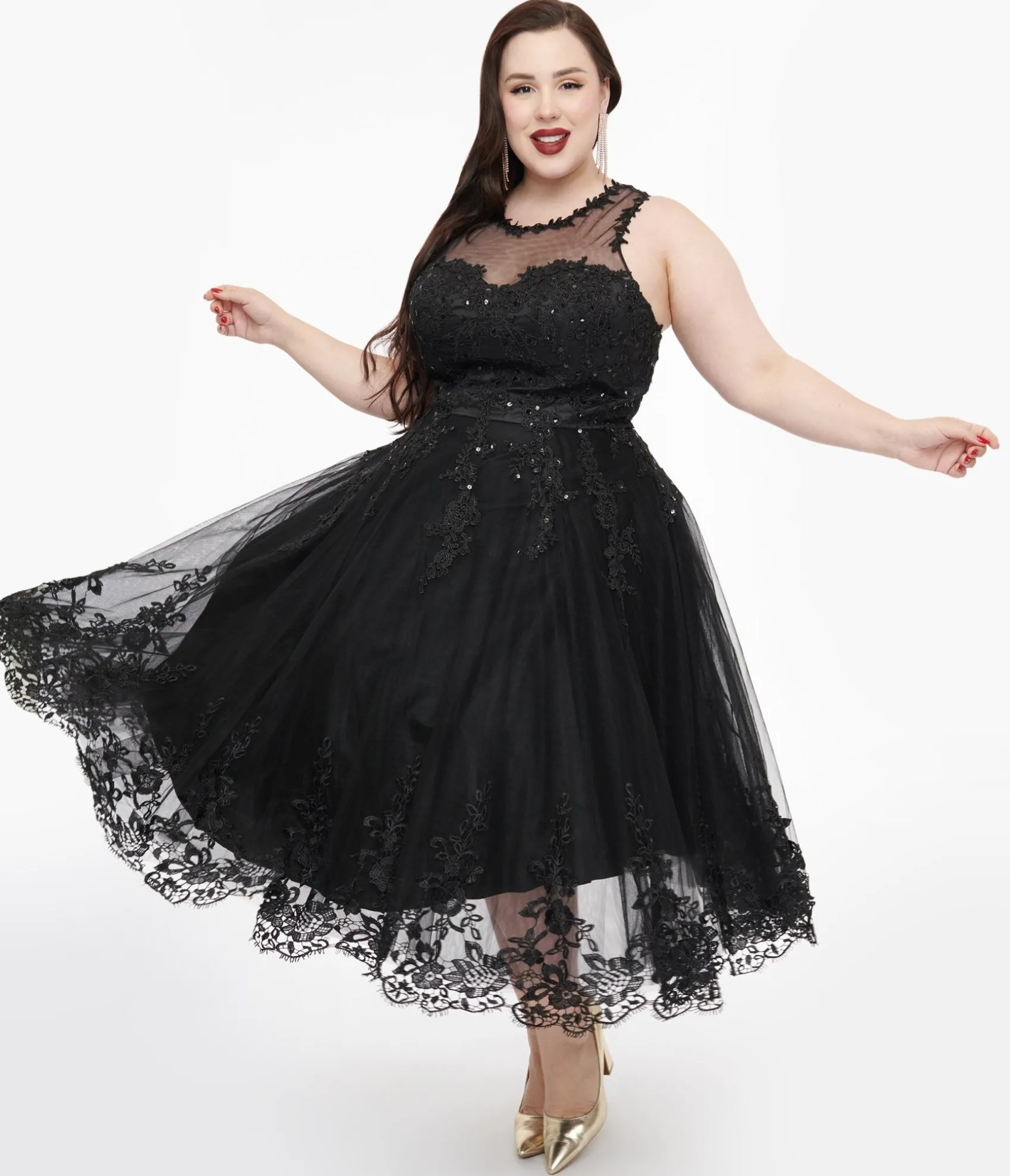 Unique Vintage Plus Size 1950s Black Lace & Tulle Riviera Dress